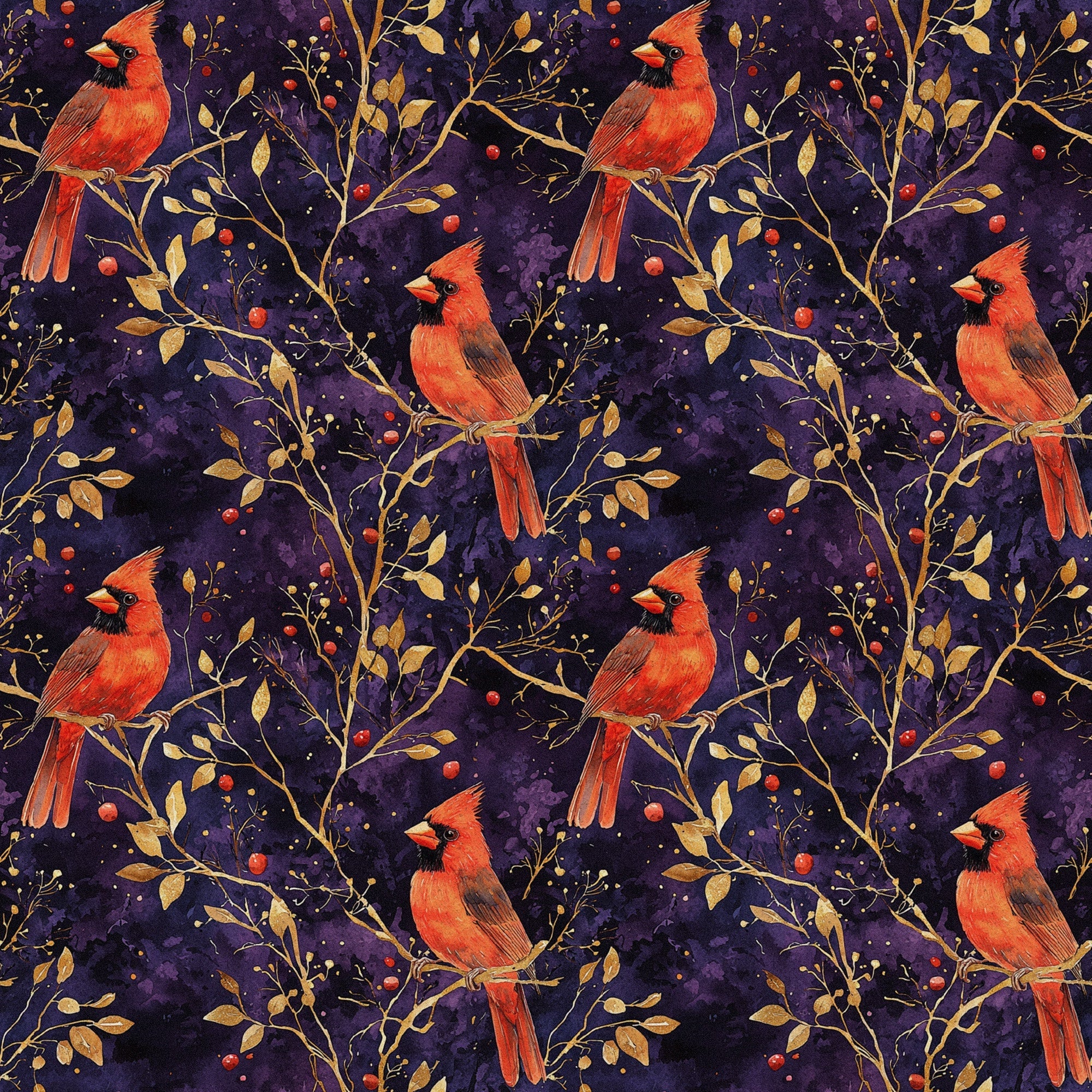 red cardinals, purple background, gold branches, autumn leaves, red berries,, fabric panel, bird pattern, nature motif, starry night, burgundy, crimson, golden yellow, botanical design, winter birds, repeating pattern, wildlife fabric, branch perches, berry clusters, celestial backdrop