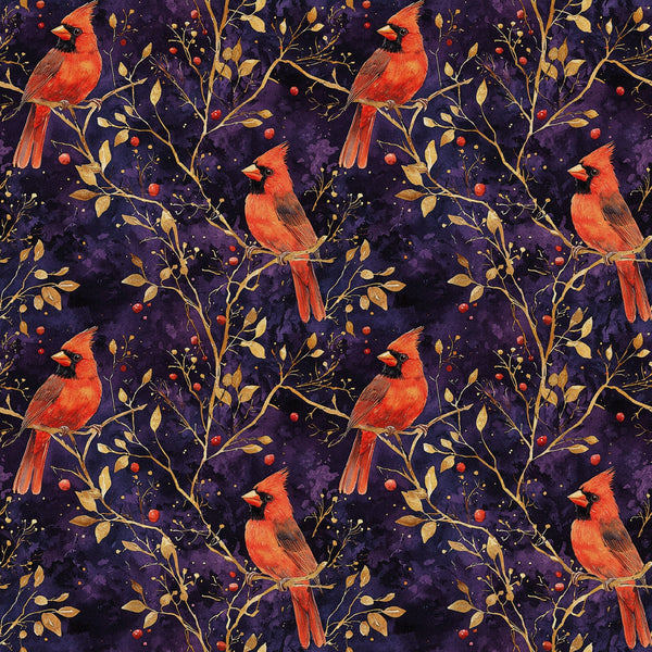red cardinals, purple background, gold branches, autumn leaves, red berries,, fabric panel, bird pattern, nature motif, starry night, burgundy, crimson, golden yellow, botanical design, winter birds, repeating pattern, wildlife fabric, branch perches, berry clusters, celestial backdrop