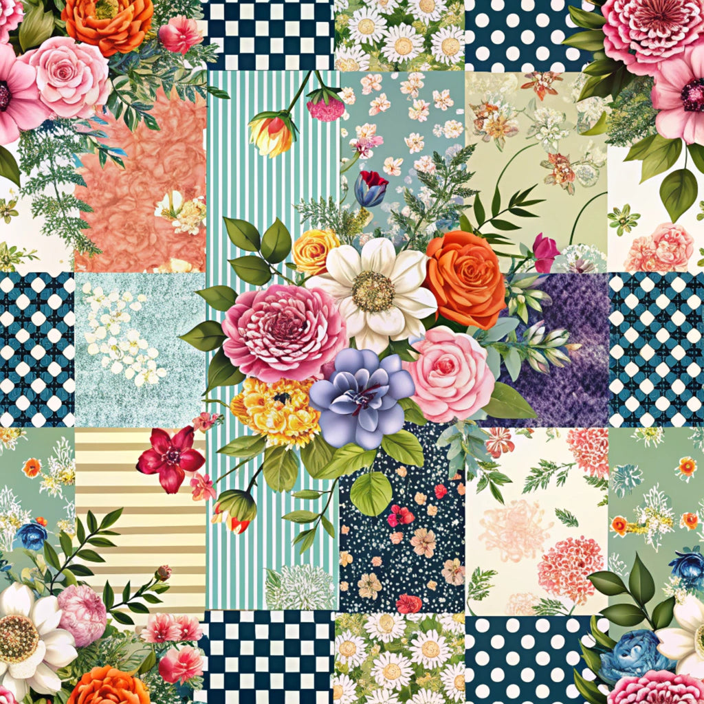 spring flowers, patchwork blocks,, floral motifs, roses, dahlias, geometric patterns, polka dots, stripes, checkered squares, pink blooms, orange flowers, purple blossoms, white daisies, botanical elements, green foliage, mixed patterns, cottage garden, fabric panel, quilting material