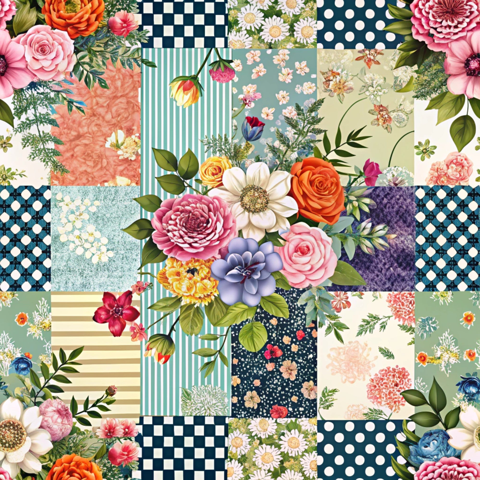 spring flowers, patchwork blocks,, floral motifs, roses, dahlias, geometric patterns, polka dots, stripes, checkered squares, pink blooms, orange flowers, purple blossoms, white daisies, botanical elements, green foliage, mixed patterns, cottage garden, fabric panel, quilting material