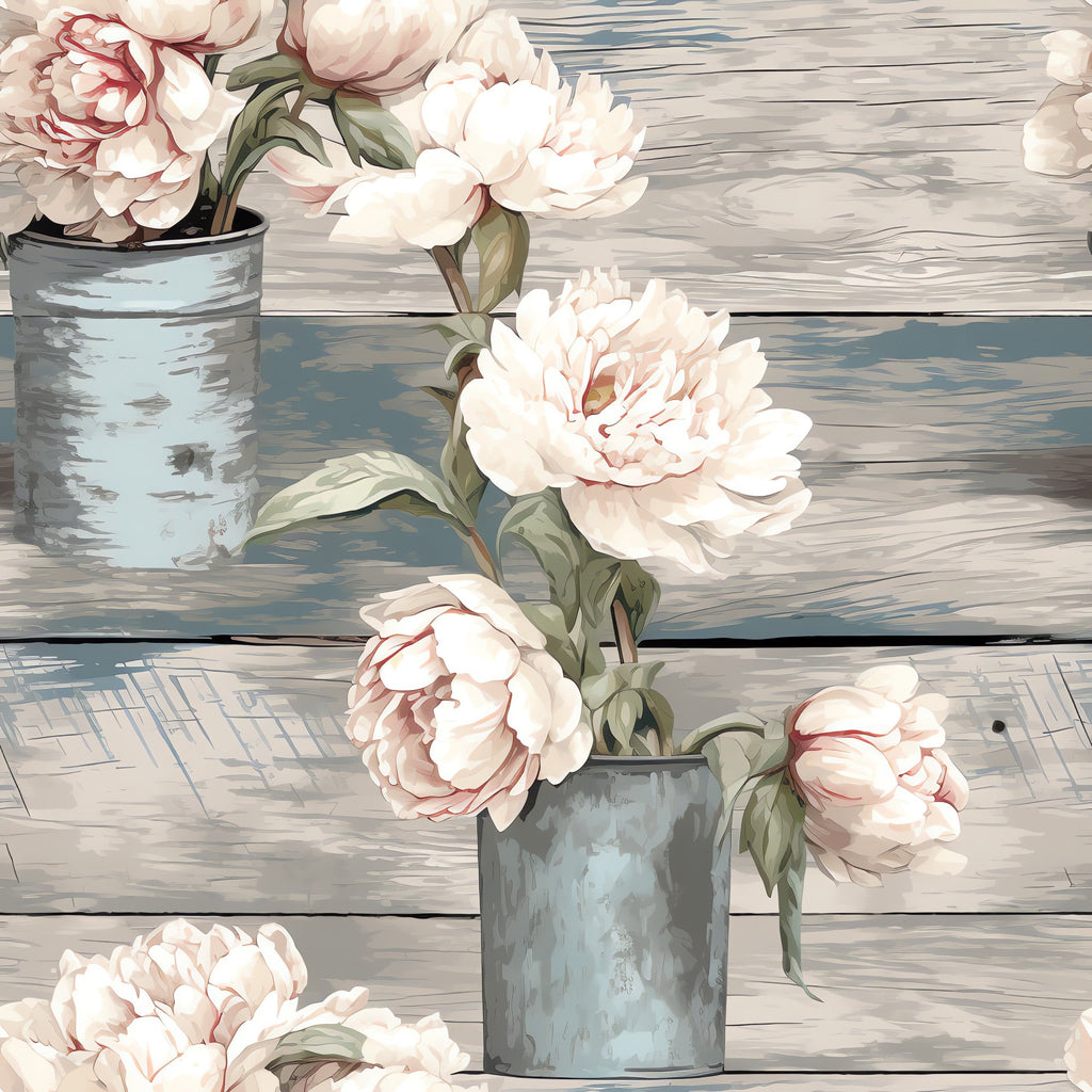 blush pink, cream white, sage green, weathered blue, rustic wood grain, peonies, floral bouquet, vintage mason jars, farmhouse style, shabby chic, botanical illustration, distressed finish,, fabric panel, country cottage, soft pastels, layered petals, realistic flowers, rustic charm