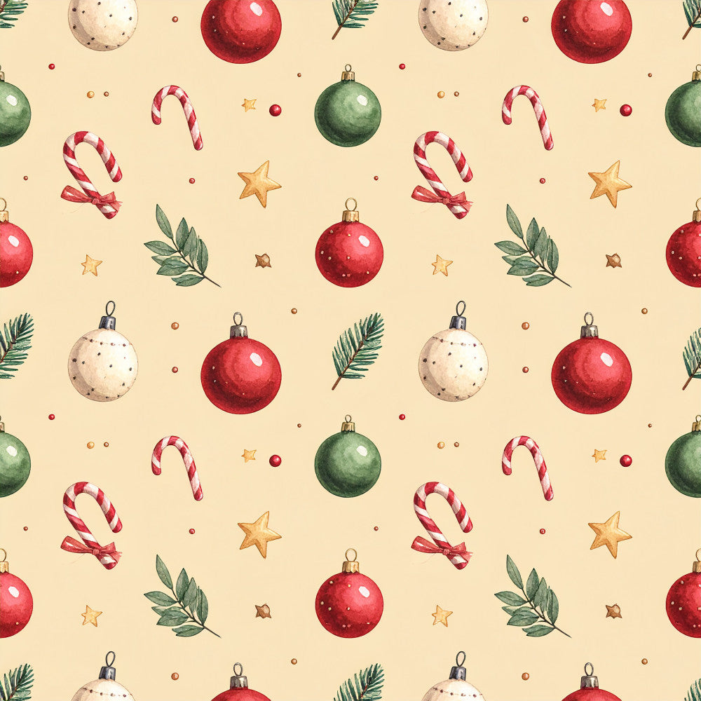 christmas, holiday, festive, red ornaments, cream, ivory, forest green, candy canes, gold stars, peppermint, traditional christmas, vintage holiday, elegant, whimsical, christmas decorations, baubles, seasonal, winter, christmas decor, greenery, holly leaves, striped candy, festive pattern, christmas themed, home decor, holiday spirit, red and cream, metallic accents, classic christmas
