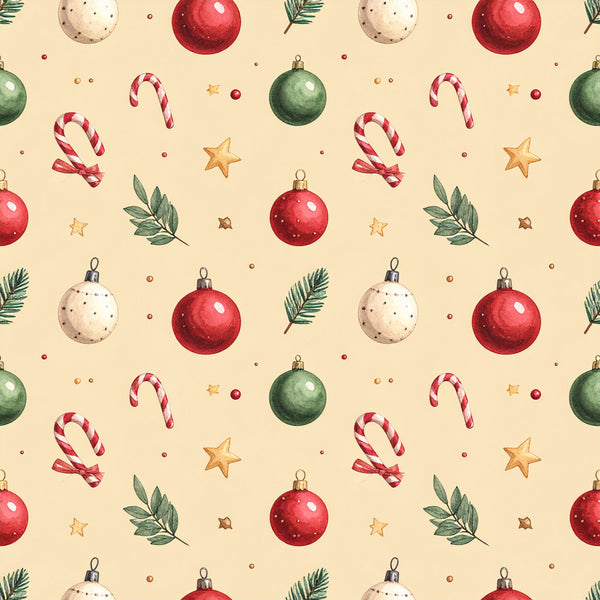 christmas, holiday, festive, red ornaments, cream, ivory, forest green, candy canes, gold stars, peppermint, traditional christmas, vintage holiday, elegant, whimsical, christmas decorations, baubles, seasonal, winter, christmas decor, greenery, holly leaves, striped candy, festive pattern, christmas themed, home decor, holiday spirit, red and cream, metallic accents, classic christmas