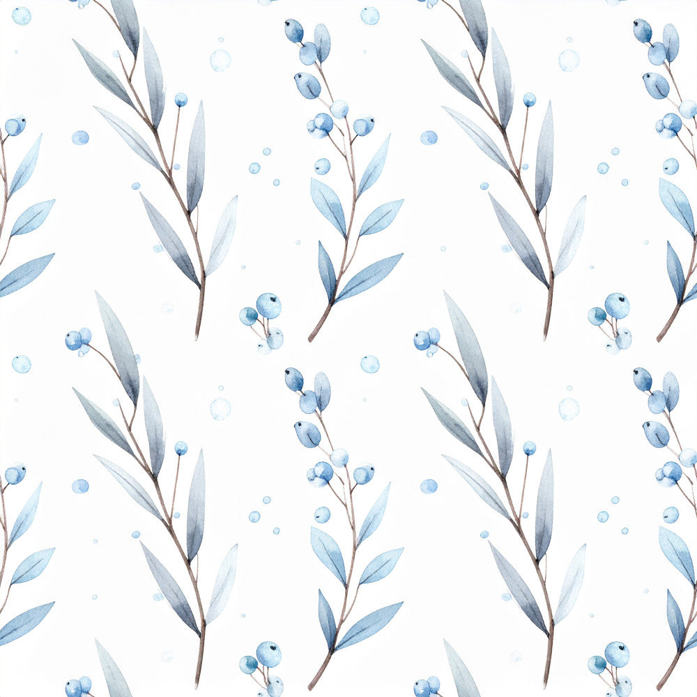 light blue, dusty blue, gray, watercolor, botanical, floral, nature, elegant, soft, delicate, berries, leaves, branches, minimalist, modern, gentle, calming, nursery, baby room, gender neutral, spring, winter, whimsical, peaceful, serene, muted tones, organic, natural design, subtle pattern