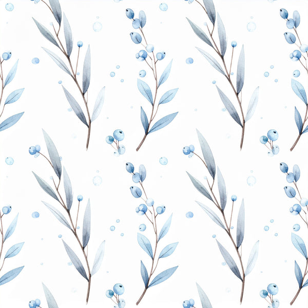 light blue, dusty blue, gray, watercolor, botanical, floral, nature, elegant, soft, delicate, berries, leaves, branches, minimalist, modern, gentle, calming, nursery, baby room, gender neutral, spring, winter, whimsical, peaceful, serene, muted tones, organic, natural design, subtle pattern