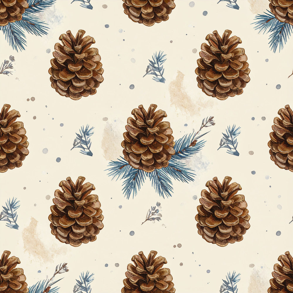 cream, tan, brown, teal blue, sage green, pinecone, evergreen, forest, woodland, nature, rustic, cozy, winter, christmas, holiday, autumn, fall, botanical, natural, traditional, elegant, whimsical, pine branches, needle foliage, scattered dots, watercolor, vintage, cottage core, farmhouse, nursery