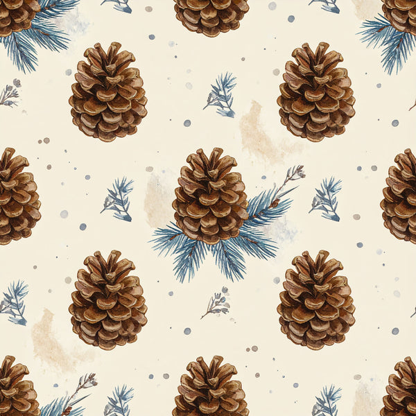 cream, tan, brown, teal blue, sage green, pinecone, evergreen, forest, woodland, nature, rustic, cozy, winter, christmas, holiday, autumn, fall, botanical, natural, traditional, elegant, whimsical, pine branches, needle foliage, scattered dots, watercolor, vintage, cottage core, farmhouse, nursery