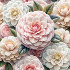 realistic flowers, pink blooms, cream petals, blush tones, sage green leaves, layered petals, botanical design, floral arrangement, soft pastels,, fabric panel, romantic florals, dimensional blooms, garden flowers, delicate shading, nature inspired, crafting material, sewing fabric, feminine colors, vintage style