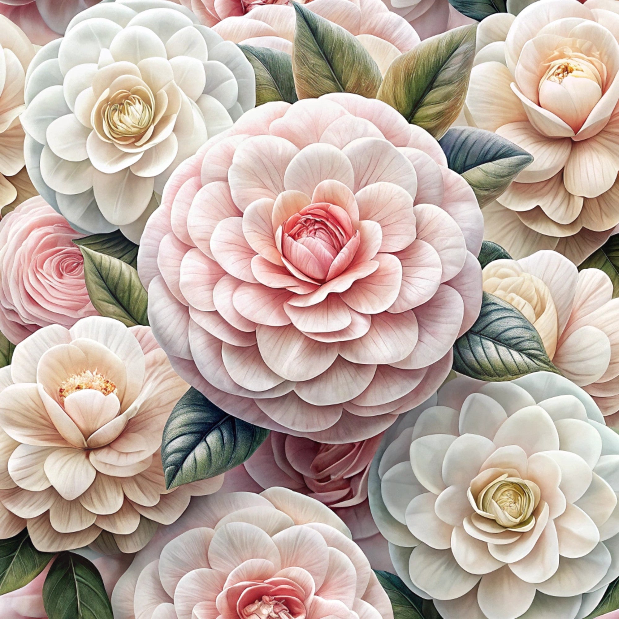 realistic flowers, pink blooms, cream petals, blush tones, sage green leaves, layered petals, botanical design, floral arrangement, soft pastels,, fabric panel, romantic florals, dimensional blooms, garden flowers, delicate shading, nature inspired, crafting material, sewing fabric, feminine colors, vintage style