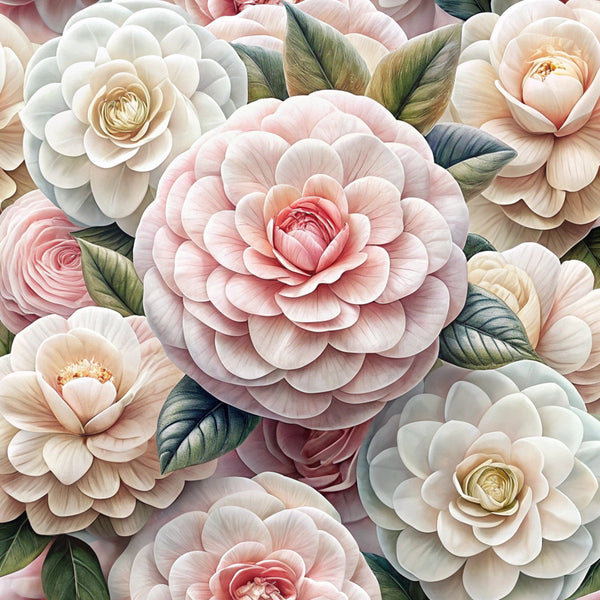 realistic flowers, pink blooms, cream petals, blush tones, sage green leaves, layered petals, botanical design, floral arrangement, soft pastels,, fabric panel, romantic florals, dimensional blooms, garden flowers, delicate shading, nature inspired, crafting material, sewing fabric, feminine colors, vintage style