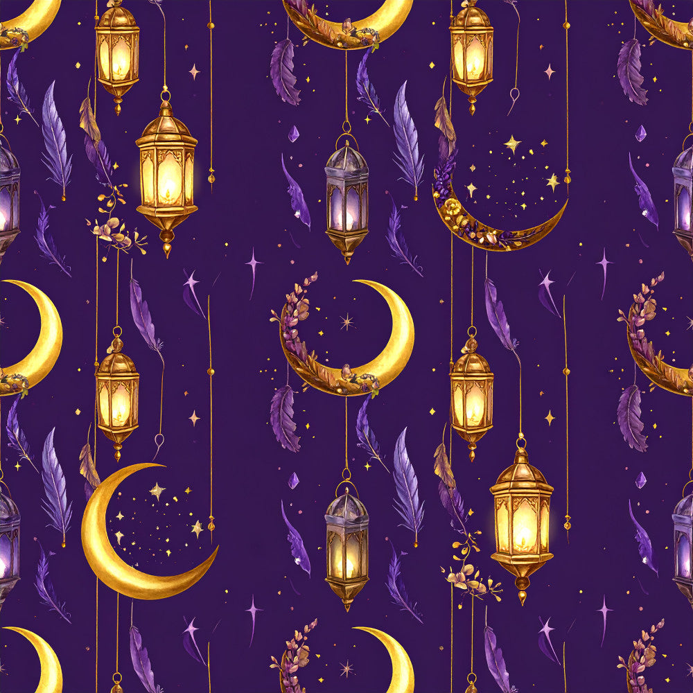 deep purple, gold, golden yellow, celestial, moon, stars, lanterns, feathers, mystical, magical, whimsical, elegant, nighttime, night sky, hanging lanterns, crescent moon, ornate, arabian nights, enchanted, dreamy, boho, bohemian, fairy tale, fantasy, purple and gold, sparkly, glowing, moroccan inspired, bedroom decor, kids room