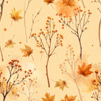 autumn leaves, fall foliage, orange berries, rust orange, burnt orange, golden yellow, cream, beige, tan, nature themed, botanical, seasonal, autumn, fall, watercolor style, whimsical, rustic, natural elements, berry branches, maple leaves, harvest theme, cozy, warm tones, woodland, garden inspired, seasonal décor, thanksgiving, fall colors, transitional style