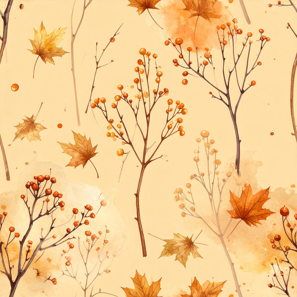 autumn leaves, fall foliage, orange berries, rust orange, burnt orange, golden yellow, cream, beige, tan, nature themed, botanical, seasonal, autumn, fall, watercolor style, whimsical, rustic, natural elements, berry branches, maple leaves, harvest theme, cozy, warm tones, woodland, garden inspired, seasonal décor, thanksgiving, fall colors, transitional style