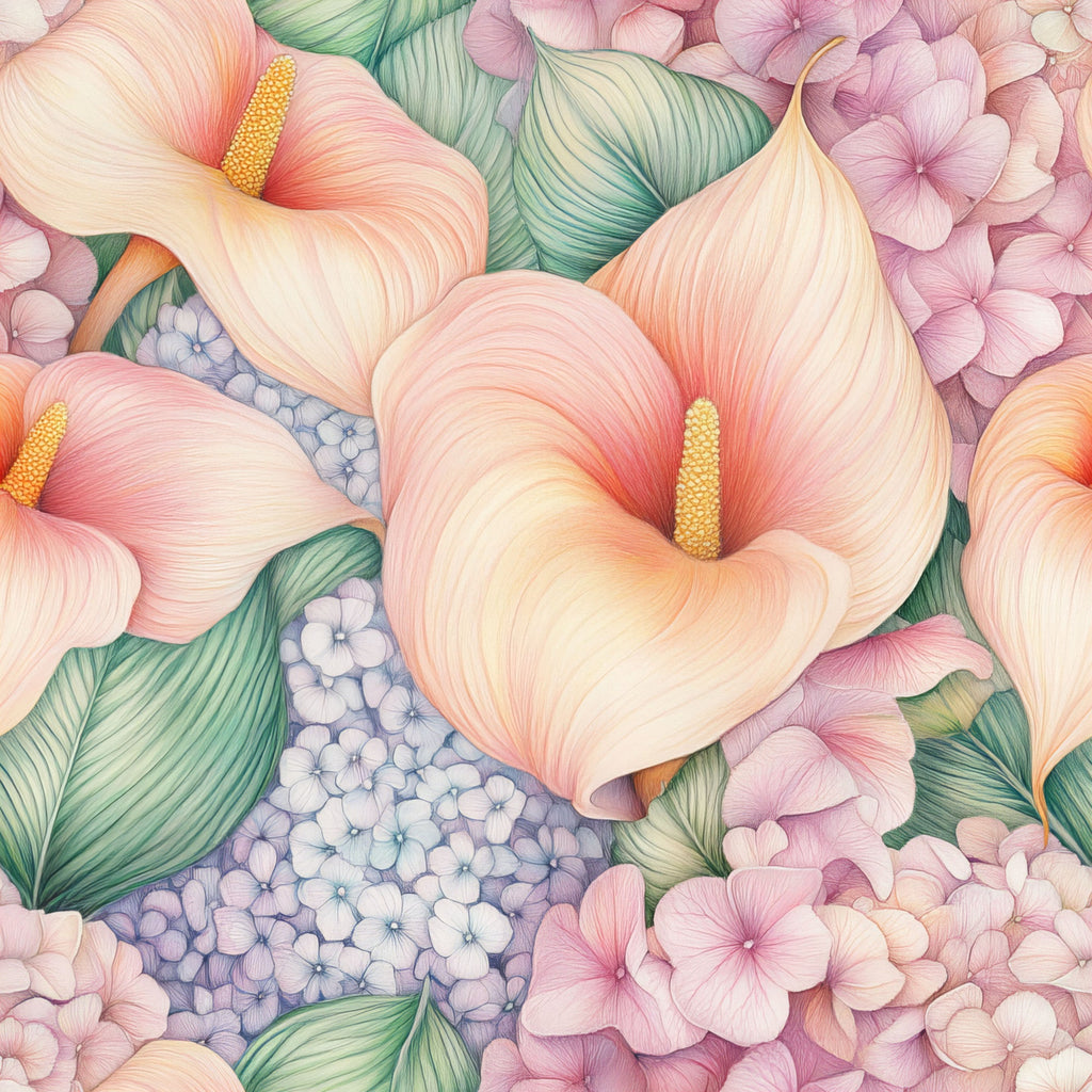 pastel pink, coral, lavender, sage green, cream, calla lily, hydrangea, tropical flowers, botanical pattern, floral design, watercolor style, soft petals,, fabric panel, delicate blooms, romantic mood, spring flowers, feminine palette, botanical illustration, seamless pattern
