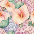 pastel pink, coral, lavender, sage green, cream, calla lily, hydrangea, tropical flowers, botanical pattern, floral design, watercolor style, soft petals,, fabric panel, delicate blooms, romantic mood, spring flowers, feminine palette, botanical illustration, seamless pattern