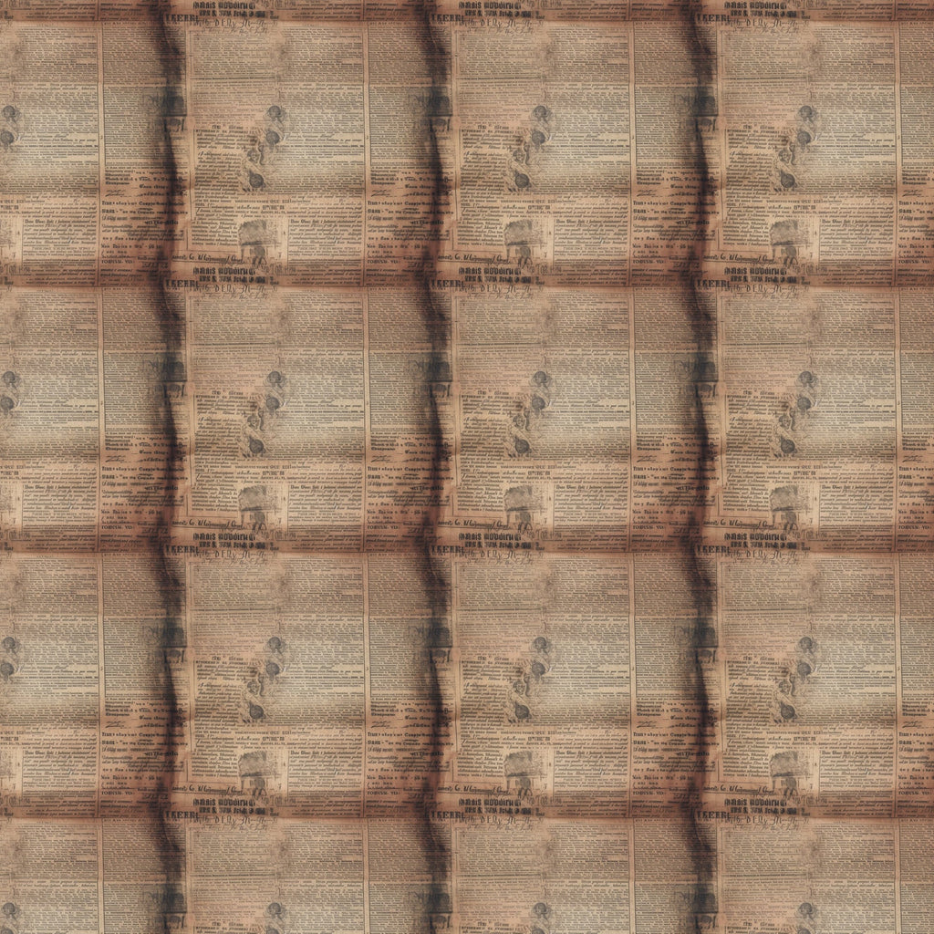 aged newspaper, vintage newsprint, sepia tones, brown hues, tan coloring, beige background, antique paper, weathered text, old advertisements, retro print, newspaper columns,, fabric panel, nostalgic design, historical theme, aged patina, vintage style, repetitive pattern, muted colors, distressed appearance