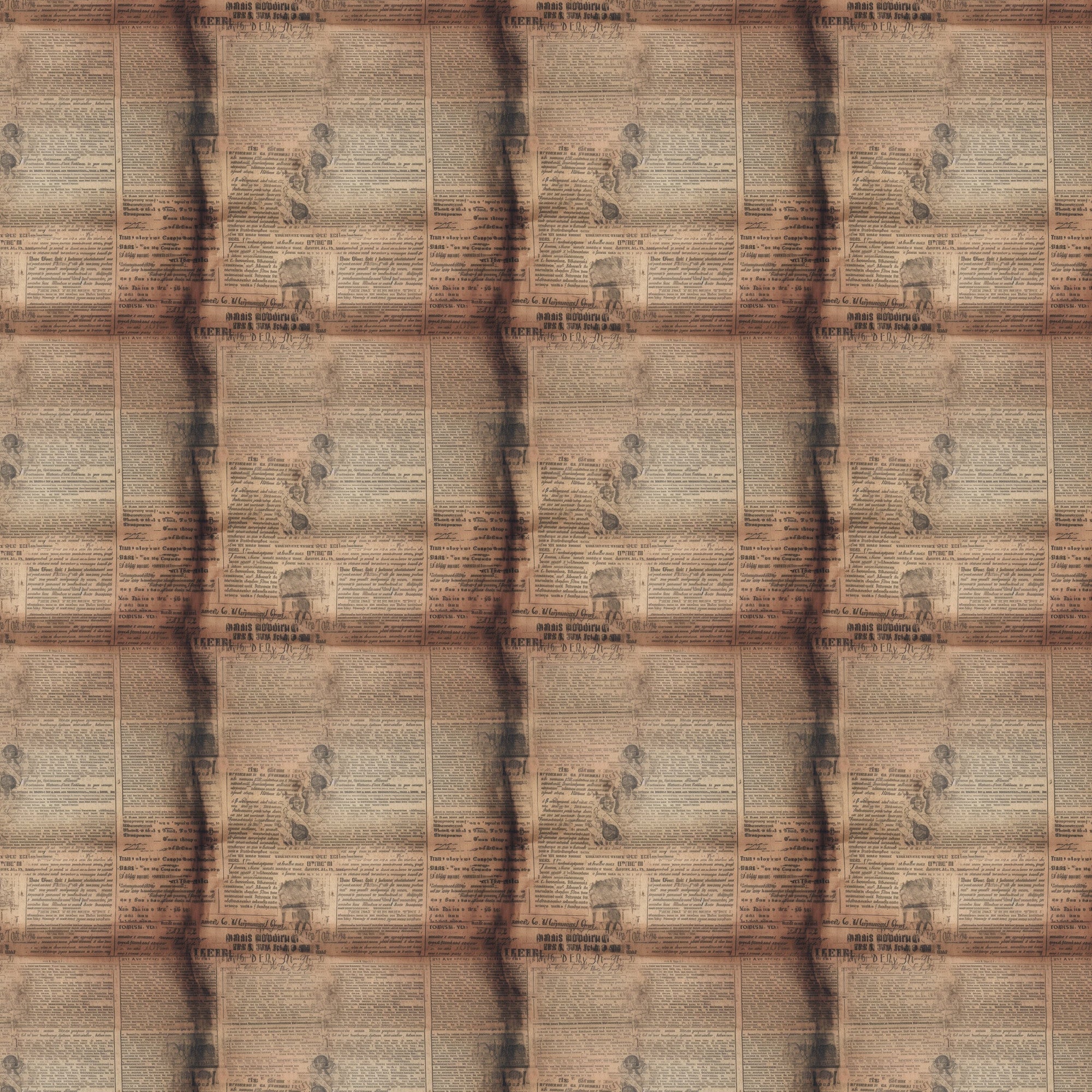 aged newspaper, vintage newsprint, sepia tones, brown hues, tan coloring, beige background, antique paper, weathered text, old advertisements, retro print, newspaper columns,, fabric panel, nostalgic design, historical theme, aged patina, vintage style, repetitive pattern, muted colors, distressed appearance