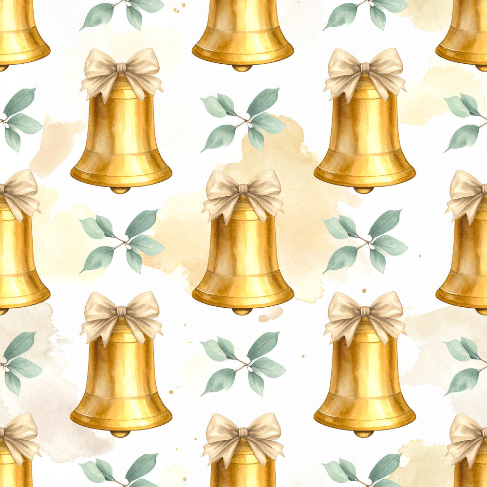 gold bells, cream bows, sage green leaves, holiday, christmas, festive, elegant, metallic gold, botanical, traditional, winter, celebration, metallic accents, beige ribbons, evergreen sprigs, formal, sophisticated, decorative bells, nature-inspired, seasonal, soft gold, muted green, watercolor, classic, timeless, luxury, pearl bows, botanical elements