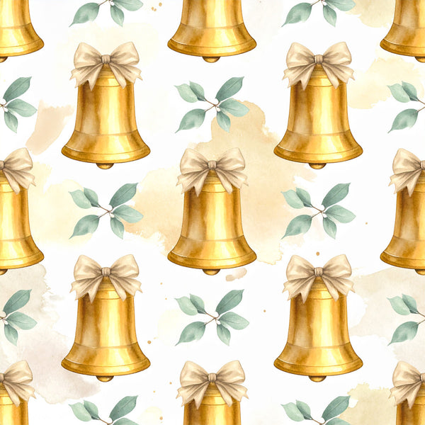 gold bells, cream bows, sage green leaves, holiday, christmas, festive, elegant, metallic gold, botanical, traditional, winter, celebration, metallic accents, beige ribbons, evergreen sprigs, formal, sophisticated, decorative bells, nature-inspired, seasonal, soft gold, muted green, watercolor, classic, timeless, luxury, pearl bows, botanical elements