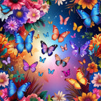 fantasy butterflies,, fabric panel, vibrant colors, blue butterflies, purple butterflies, orange butterflies, pink butterflies, tropical flowers, colorful blooms, magical garden, whimsical design, nature scene, starry sky, gradient background, floral border, spring theme, enchanted forest, artistic illustration, bright palette