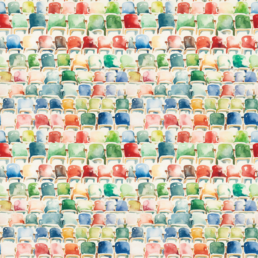 watercolor style, stadium seating, colorful chairs, football bleachers, sports theme,, fabric panel, red seats, blue seats, green seats, yellow seats, orange seats, pink seats, multicolored pattern, athletic venue, spectator seating, geometric arrangement, rows of chairs, sports decor, vibrant colors