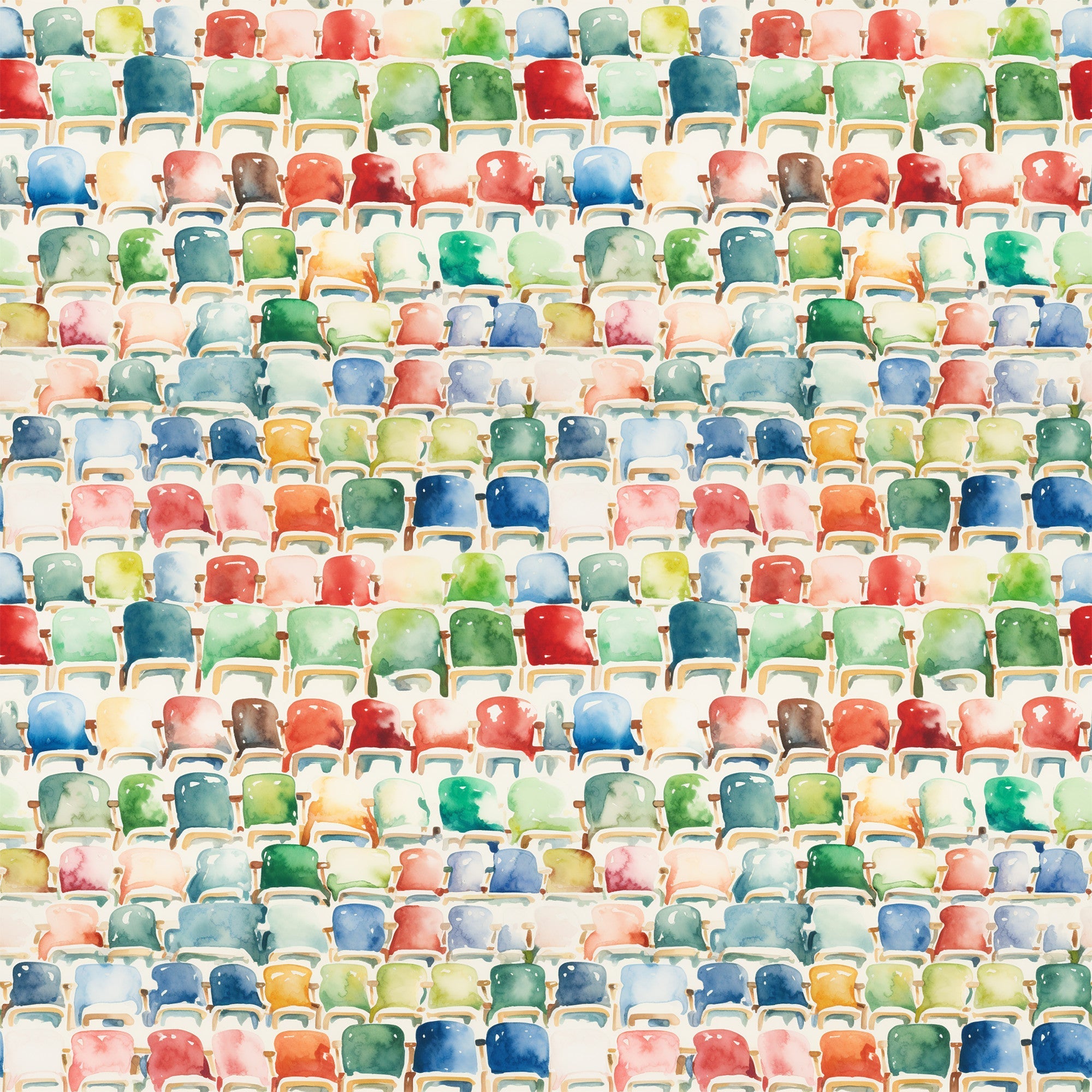 watercolor style, stadium seating, colorful chairs, football bleachers, sports theme,, fabric panel, red seats, blue seats, green seats, yellow seats, orange seats, pink seats, multicolored pattern, athletic venue, spectator seating, geometric arrangement, rows of chairs, sports decor, vibrant colors
