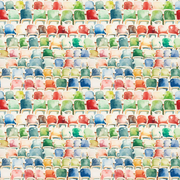 watercolor style, stadium seating, colorful chairs, football bleachers, sports theme,, fabric panel, red seats, blue seats, green seats, yellow seats, orange seats, pink seats, multicolored pattern, athletic venue, spectator seating, geometric arrangement, rows of chairs, sports decor, vibrant colors