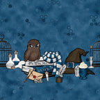 blue background, brown owl, wizard hat, potion bottles, herbology, magic books, birdcage, candle, quill feather, eyeglasses, envelope, red wax seal, hexagon pattern, whimsical illustration, magical theme,, fabric panel, wizard school, potion study, enchanted objects