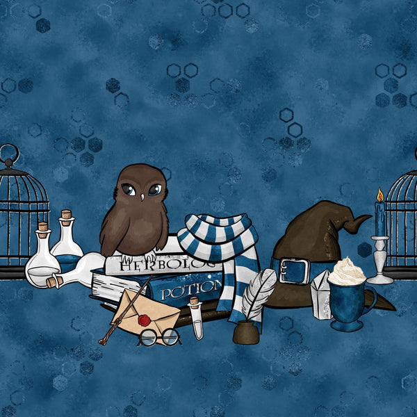blue background, brown owl, wizard hat, potion bottles, herbology, magic books, birdcage, candle, quill feather, eyeglasses, envelope, red wax seal, hexagon pattern, whimsical illustration, magical theme,, fabric panel, wizard school, potion study, enchanted objects