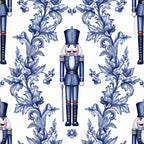 navy blue, white, blue and white, toile, floral, ornamental, baroque, rococo, nutcracker, soldier, vintage, traditional, elegant, whimsical, classical, decorative, botanical, scrollwork, acanthus leaves, festive, holiday, christmas, toy soldier, formal, sophisticated, children's, playroom