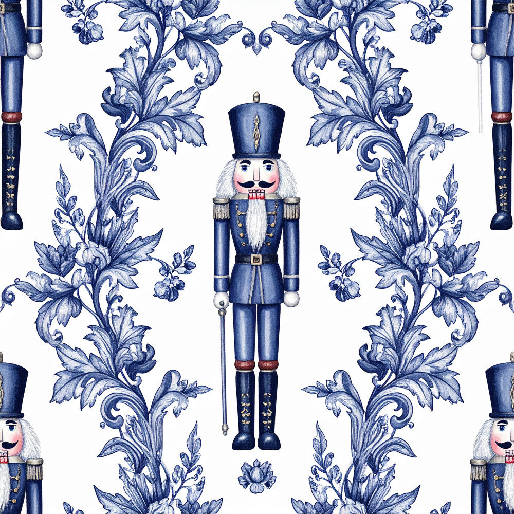 navy blue, white, blue and white, toile, floral, ornamental, baroque, rococo, nutcracker, soldier, vintage, traditional, elegant, whimsical, classical, decorative, botanical, scrollwork, acanthus leaves, festive, holiday, christmas, toy soldier, formal, sophisticated, children's, playroom