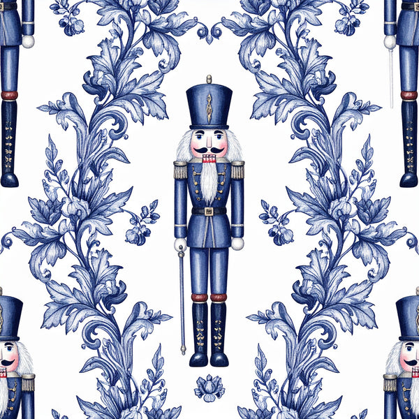 navy blue, white, blue and white, toile, floral, ornamental, baroque, rococo, nutcracker, soldier, vintage, traditional, elegant, whimsical, classical, decorative, botanical, scrollwork, acanthus leaves, festive, holiday, christmas, toy soldier, formal, sophisticated, children's, playroom
