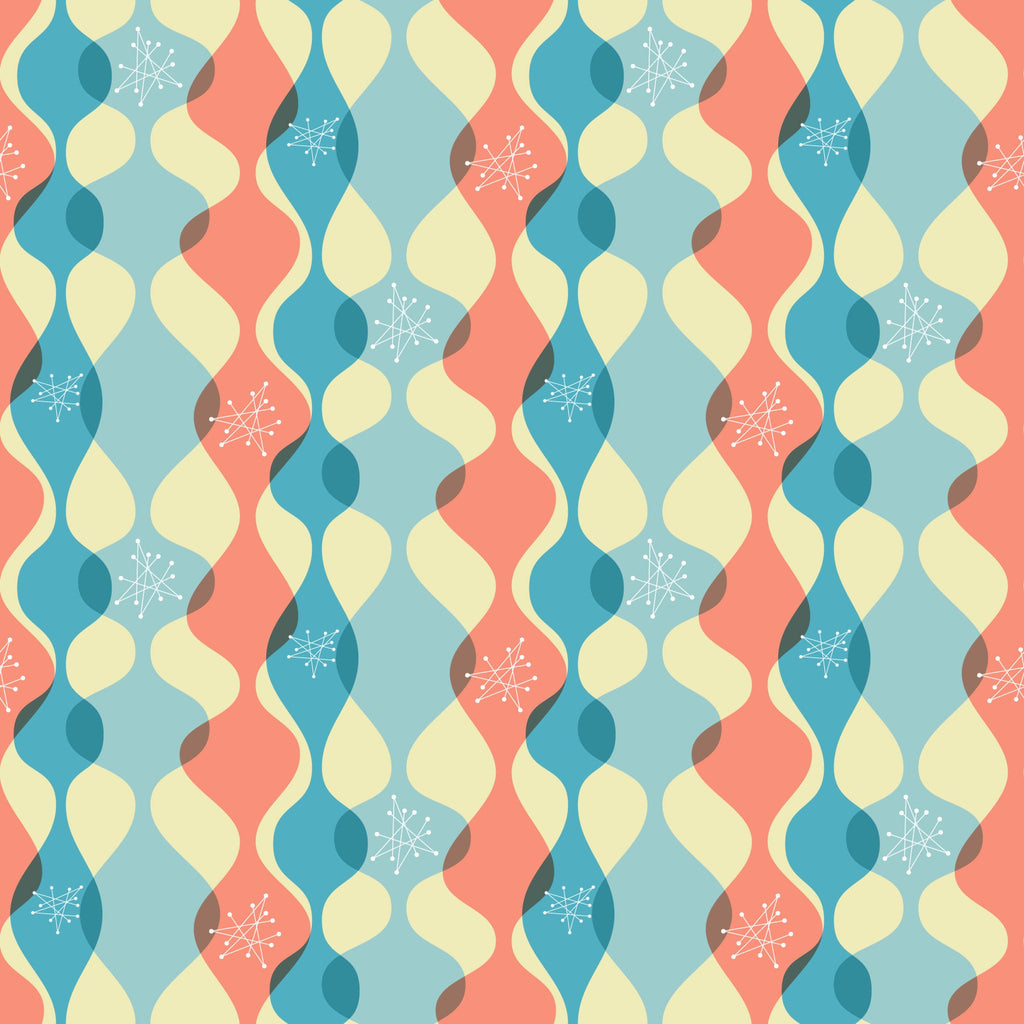 coral, teal blue, cream yellow, atomic starburst, mid-century modern, wavy ribbons, geometric shapes, retro pattern, 1950s style, space age design, atomic motifs, flowing curves,, fabric panel, vintage aesthetic, modernist, abstract design, boomerang shapes