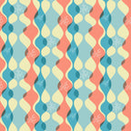 coral, teal blue, cream yellow, atomic starburst, mid-century modern, wavy ribbons, geometric shapes, retro pattern, 1950s style, space age design, atomic motifs, flowing curves,, fabric panel, vintage aesthetic, modernist, abstract design, boomerang shapes