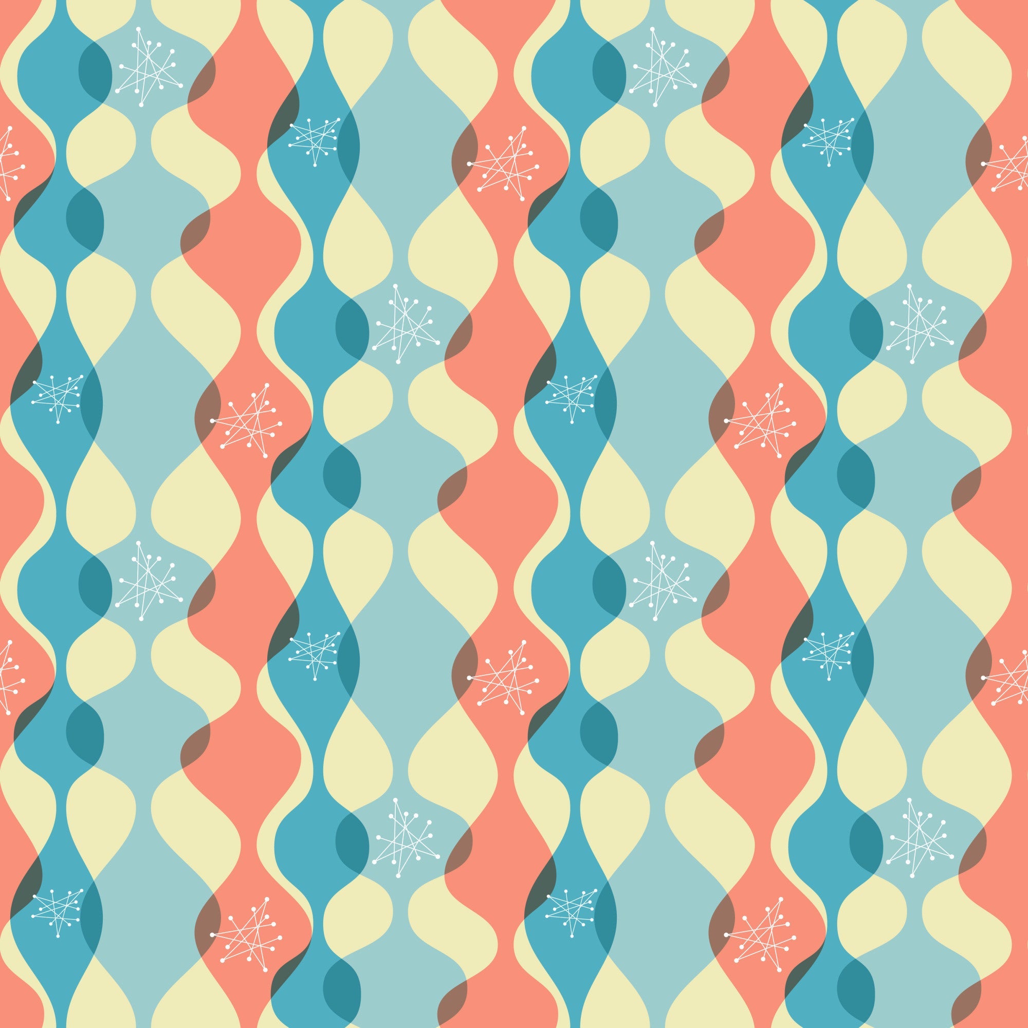 coral, teal blue, cream yellow, atomic starburst, mid-century modern, wavy ribbons, geometric shapes, retro pattern, 1950s style, space age design, atomic motifs, flowing curves,, fabric panel, vintage aesthetic, modernist, abstract design, boomerang shapes