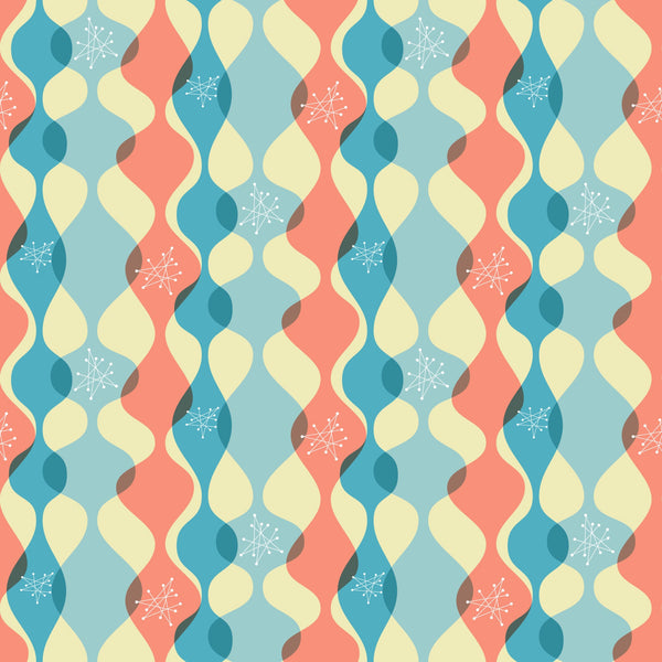 coral, teal blue, cream yellow, atomic starburst, mid-century modern, wavy ribbons, geometric shapes, retro pattern, 1950s style, space age design, atomic motifs, flowing curves, quilting cotton, fabric panel, vintage aesthetic, modernist, abstract design, boomerang shapes