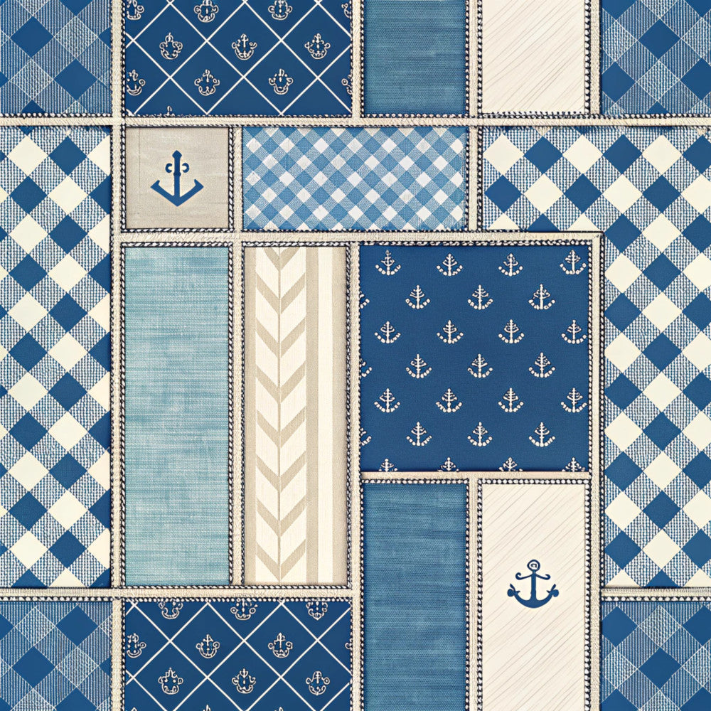 navy blue, cream, light blue, white, anchor, crown, quilted patchwork, geometric, diamond pattern, argyle, gingham, striped, nautical, maritime, seaside, coastal, elegant, traditional, sophisticated, preppy, anchors, crowns, herringbone, patchwork, boys room, nursery