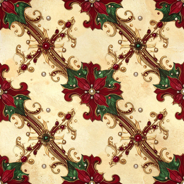 burgundy red, deep red, forest green, cream, ivory, gold, bronze, ornate, damask, floral, vintage, elegant, traditional, victorian, poinsettia, holly, holiday, christmas, festive, baroque, scroll work, filigree, pearls, jewels, decorative, luxurious, formal, classic, timeless, winter