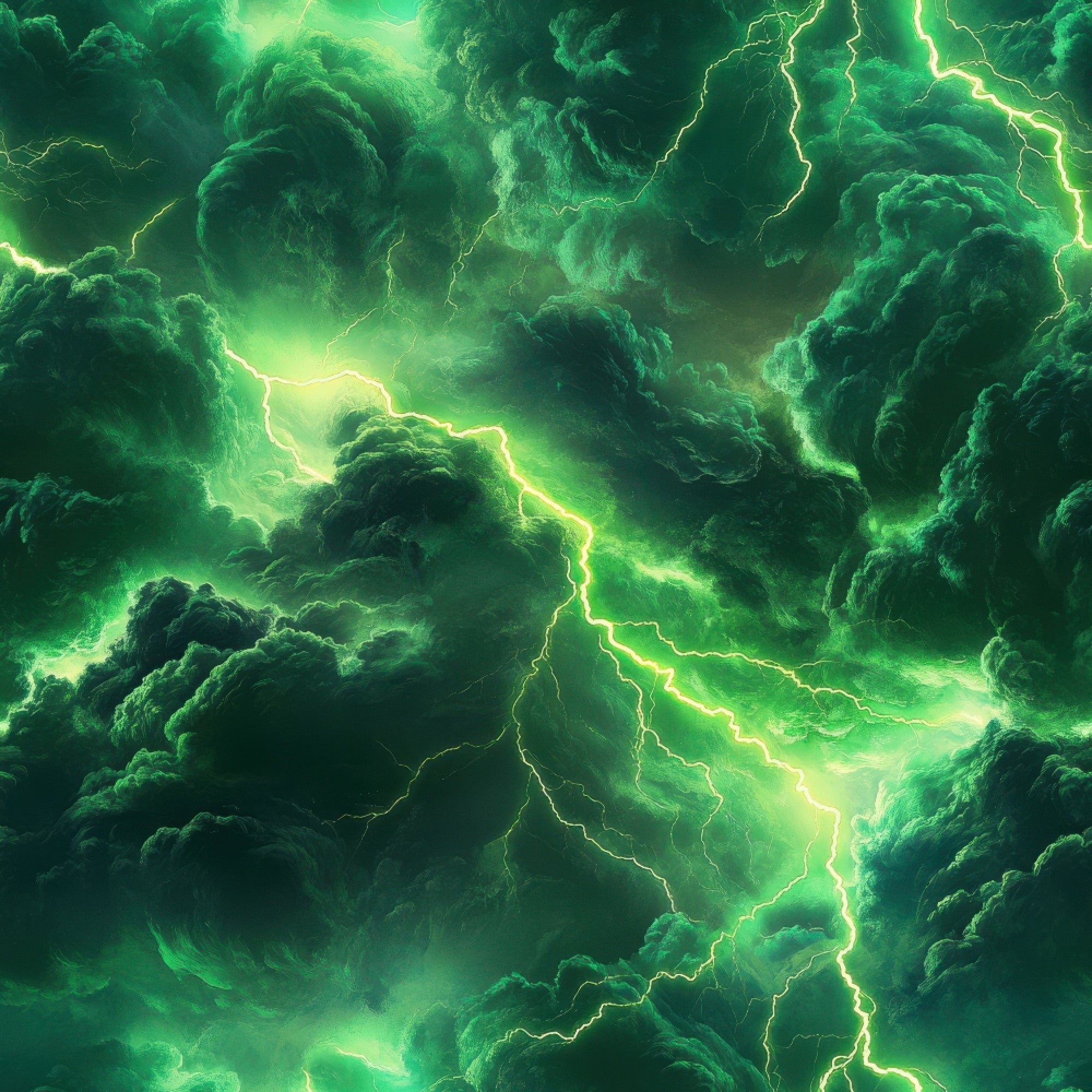 green, emerald, lime green, thunderbolt, lightning bolts, storm clouds, dramatic sky, electric pattern, stormy weather,, fabric panel, nature scene, atmospheric, moody, tempest, electrical storm, cloud formations, bright lightning, storm system, weather pattern
