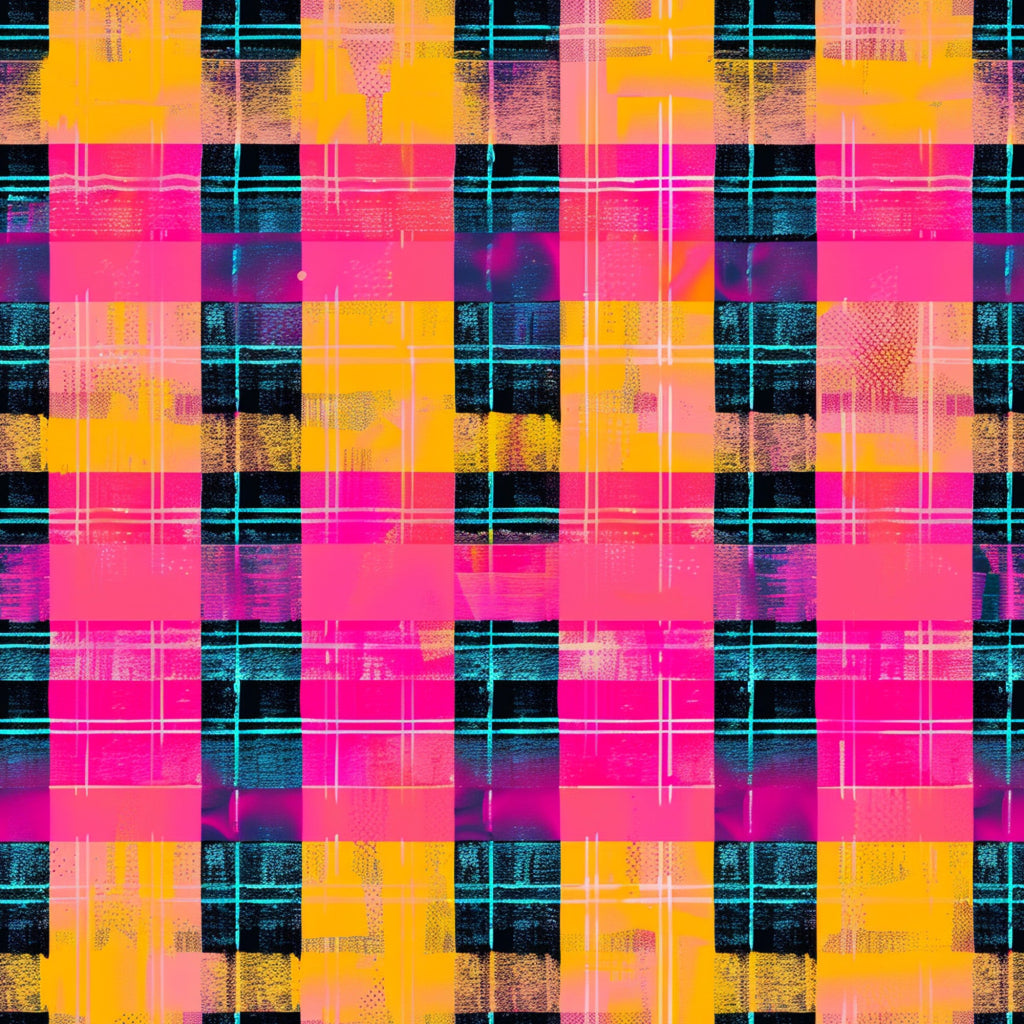 neon pink, electric orange, bright yellow, cyan blue, black, gingham pattern, plaid design, checkered squares, grid lines, distressed texture, grunge effect, digital glitch, modern geometric, vibrant colors,, fabric panel, contemporary style, neon aesthetic, layered pattern, textured blocks