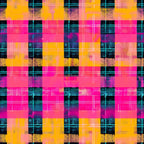 neon pink, electric orange, bright yellow, cyan blue, black, gingham pattern, plaid design, checkered squares, grid lines, distressed texture, grunge effect, digital glitch, modern geometric, vibrant colors,, fabric panel, contemporary style, neon aesthetic, layered pattern, textured blocks
