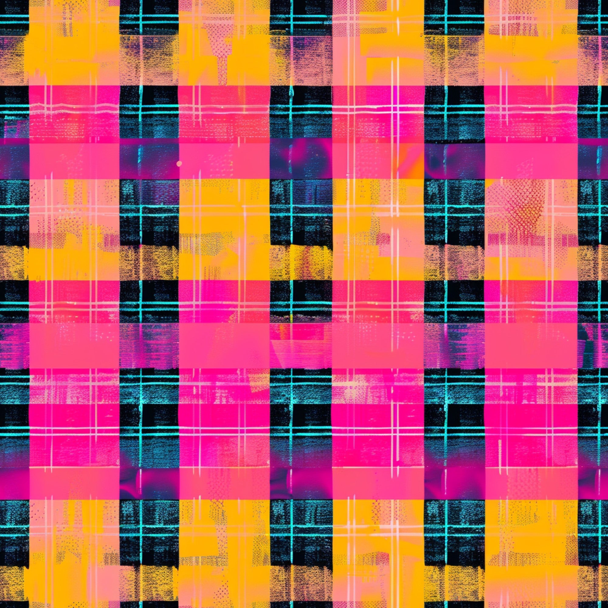neon pink, electric orange, bright yellow, cyan blue, black, gingham pattern, plaid design, checkered squares, grid lines, distressed texture, grunge effect, digital glitch, modern geometric, vibrant colors,, fabric panel, contemporary style, neon aesthetic, layered pattern, textured blocks