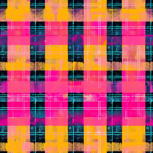 neon pink, electric orange, bright yellow, cyan blue, black, gingham pattern, plaid design, checkered squares, grid lines, distressed texture, grunge effect, digital glitch, modern geometric, vibrant colors,, fabric panel, contemporary style, neon aesthetic, layered pattern, textured blocks
