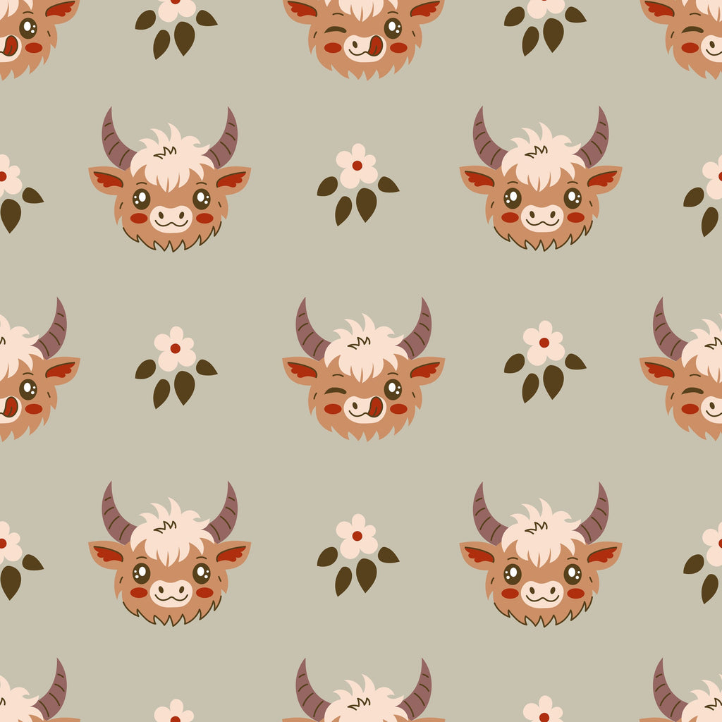 cute baby cows, highland cattle, kawaii style, cartoon animals, brown horns, fluffy fur, pink flowers, olive green leaves, beige background,, fabric panel, repeating pattern, adorable faces, pastoral theme, farm animals, soft colors, whimsical design, children's fabric, nursery decor