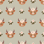 cute baby cows, highland cattle, kawaii style, cartoon animals, brown horns, fluffy fur, pink flowers, olive green leaves, beige background,, fabric panel, repeating pattern, adorable faces, pastoral theme, farm animals, soft colors, whimsical design, children's fabric, nursery decor