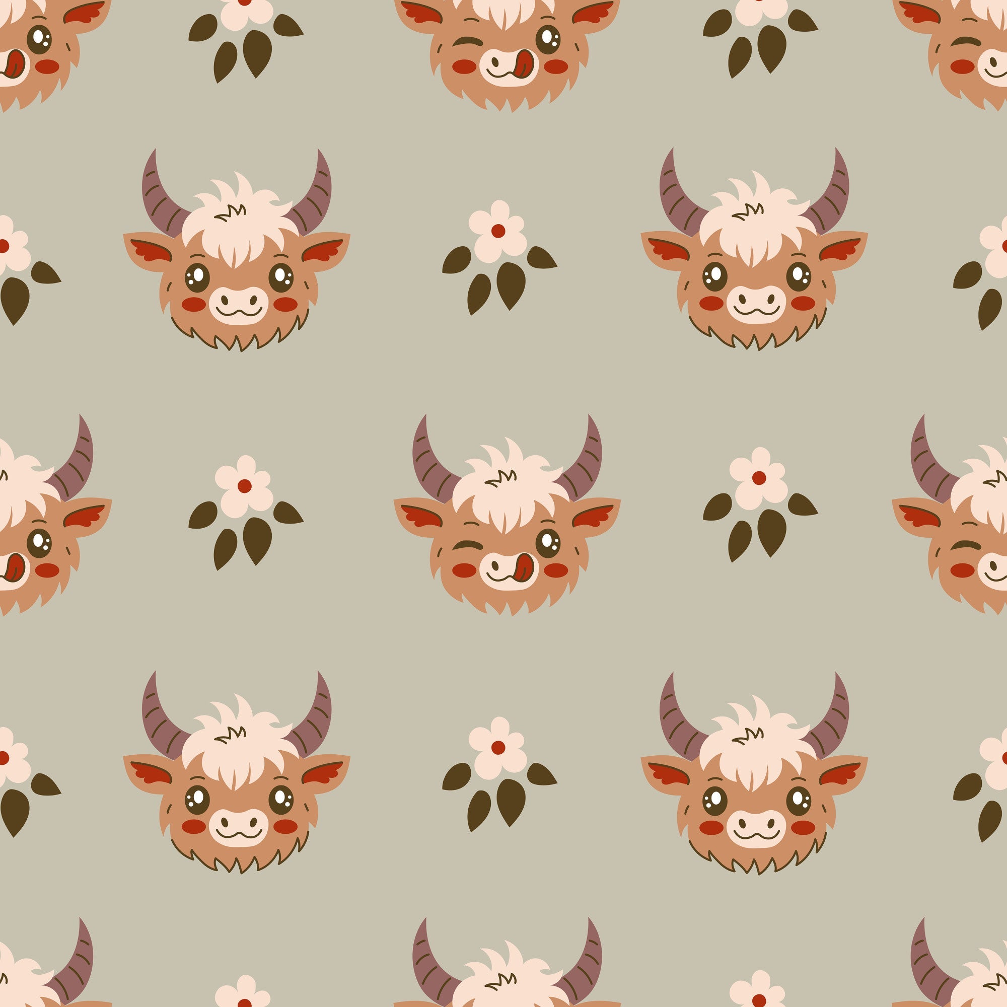 cute baby cows, highland cattle, kawaii style, cartoon animals, brown horns, fluffy fur, pink flowers, olive green leaves, beige background,, fabric panel, repeating pattern, adorable faces, pastoral theme, farm animals, soft colors, whimsical design, children's fabric, nursery decor