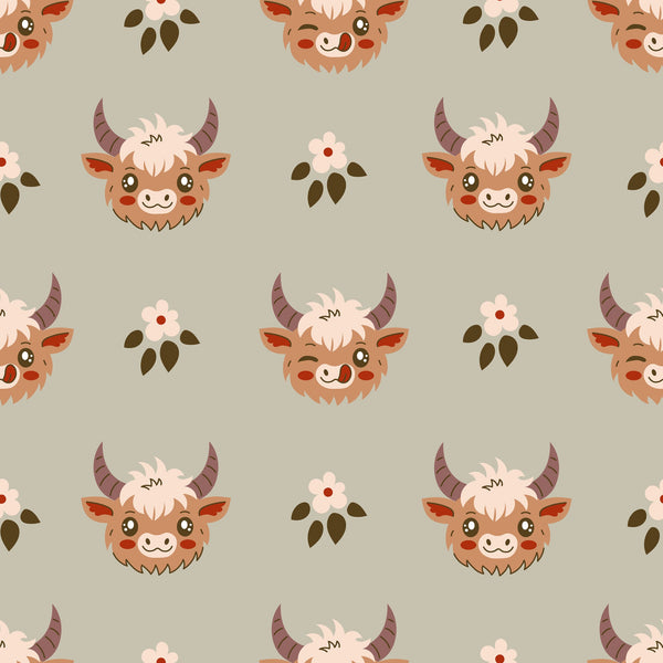 cute baby cows, highland cattle, kawaii style, cartoon animals, brown horns, fluffy fur, pink flowers, olive green leaves, beige background,, fabric panel, repeating pattern, adorable faces, pastoral theme, farm animals, soft colors, whimsical design, children's fabric, nursery decor