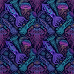 neon purple, electric blue, cyan, magenta, dark navy, iridescent, jellyfish, octopus, squid, nautical, ocean, sea creatures, marine life, bioluminescent, glowing, cosmic, whimsical, fantasy, underwater, deep sea, intricate details, decorative line work, modern, contemporary, bohemian, celestial, magical, kids room, playroom, ocean theme