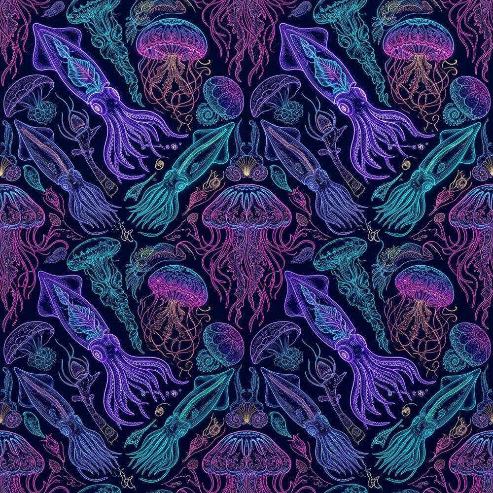 neon purple, electric blue, cyan, magenta, dark navy, iridescent, jellyfish, octopus, squid, nautical, ocean, sea creatures, marine life, bioluminescent, glowing, cosmic, whimsical, fantasy, underwater, deep sea, intricate details, decorative line work, modern, contemporary, bohemian, celestial, magical, kids room, playroom, ocean theme
