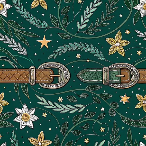 forest green, gold, cream, white, botanical, floral, nature, celestial, stars, leaves, flowers, elegant, whimsical, vintage, holiday, christmas, festive, luxurious, botanical illustration, leaf motifs, star pattern, decorative belt buckle, western style, rustic elegant, timeless, sophisticated, nursery, special occasion, heirloom quality